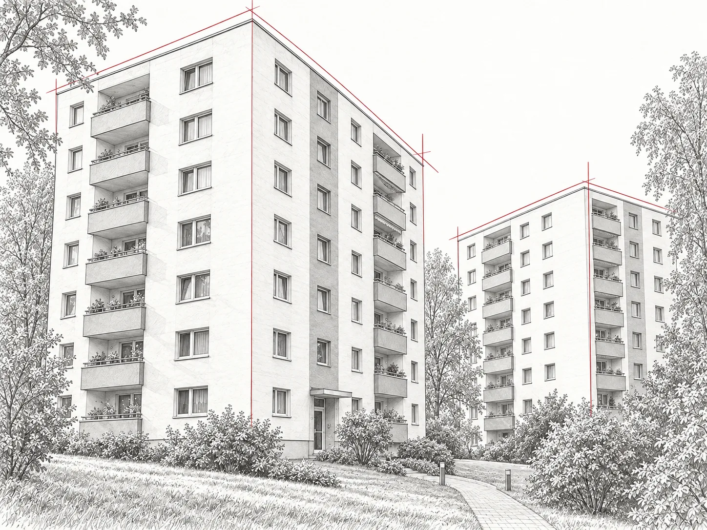 Graphitzeichnung zweier Wohnhäuser mit 42 Wohnungen