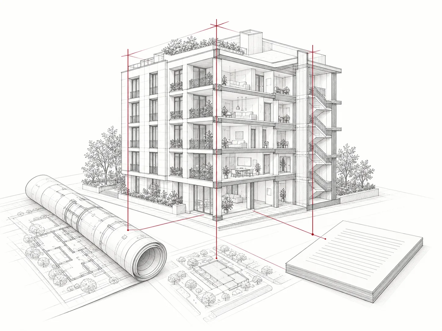 Architektonisches Schnittmodell mit Bauplan und Projektunterlagen
